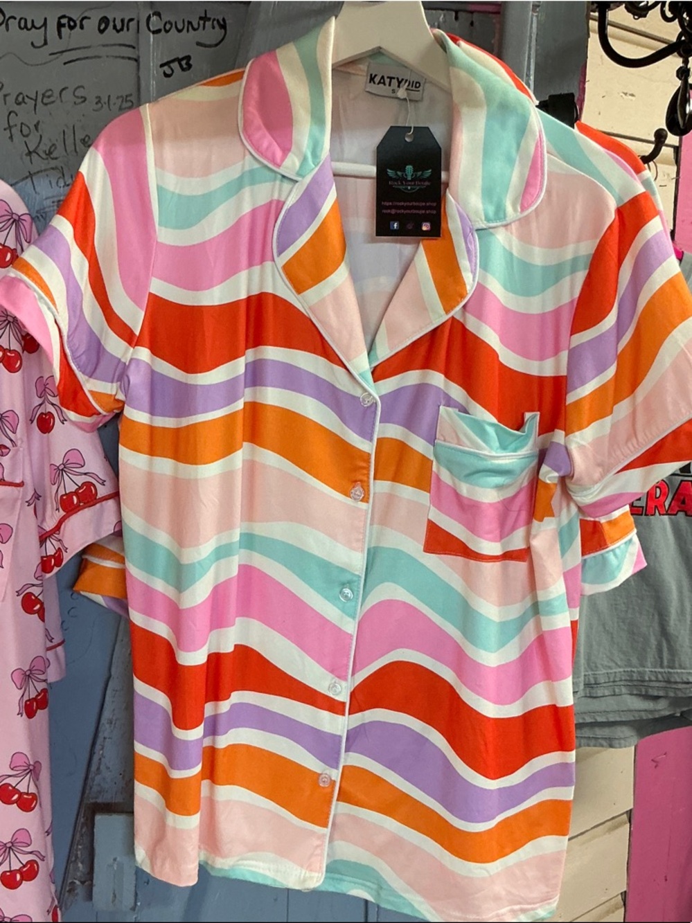 Katydid Multicolor Wavy Stripe Button-Up Pajama Shorts Set.